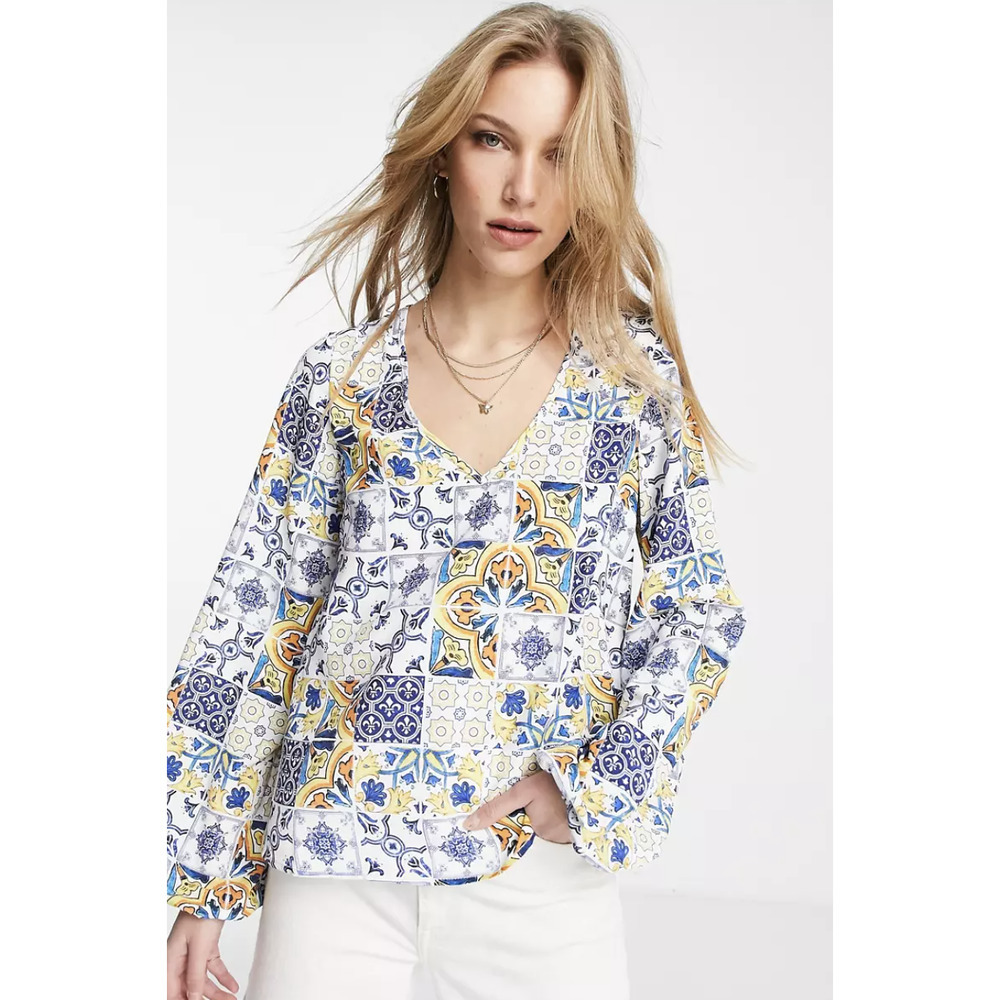 Never Fully Dressed Blue, Yellow and White Tile-Print V‑Neck Blouse